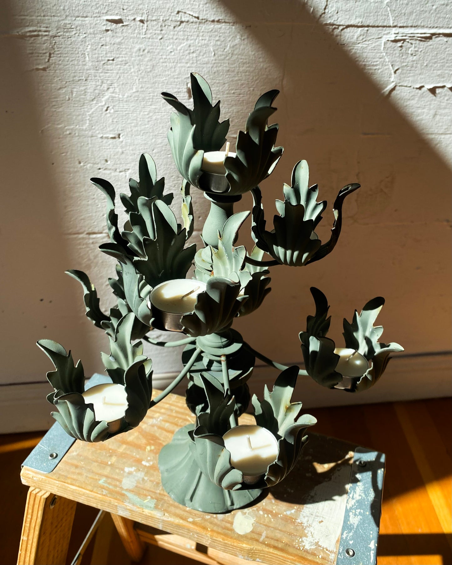 Painted Green Metal Candelabra