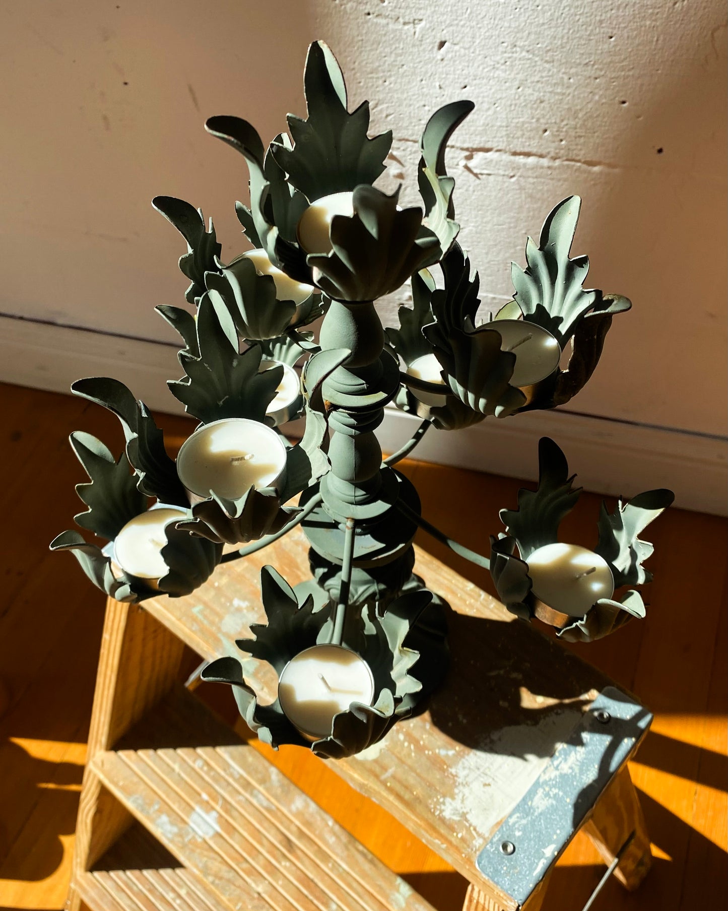 Painted Green Metal Candelabra