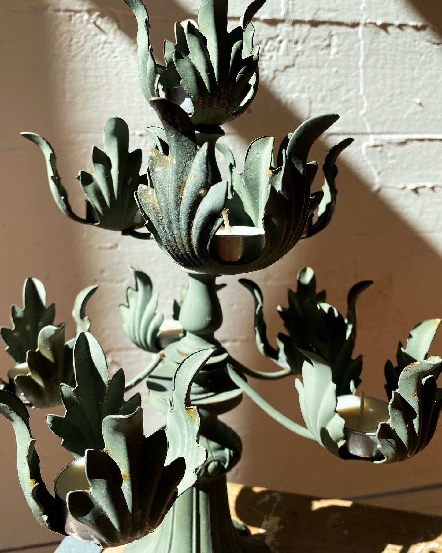 Painted Green Metal Candelabra