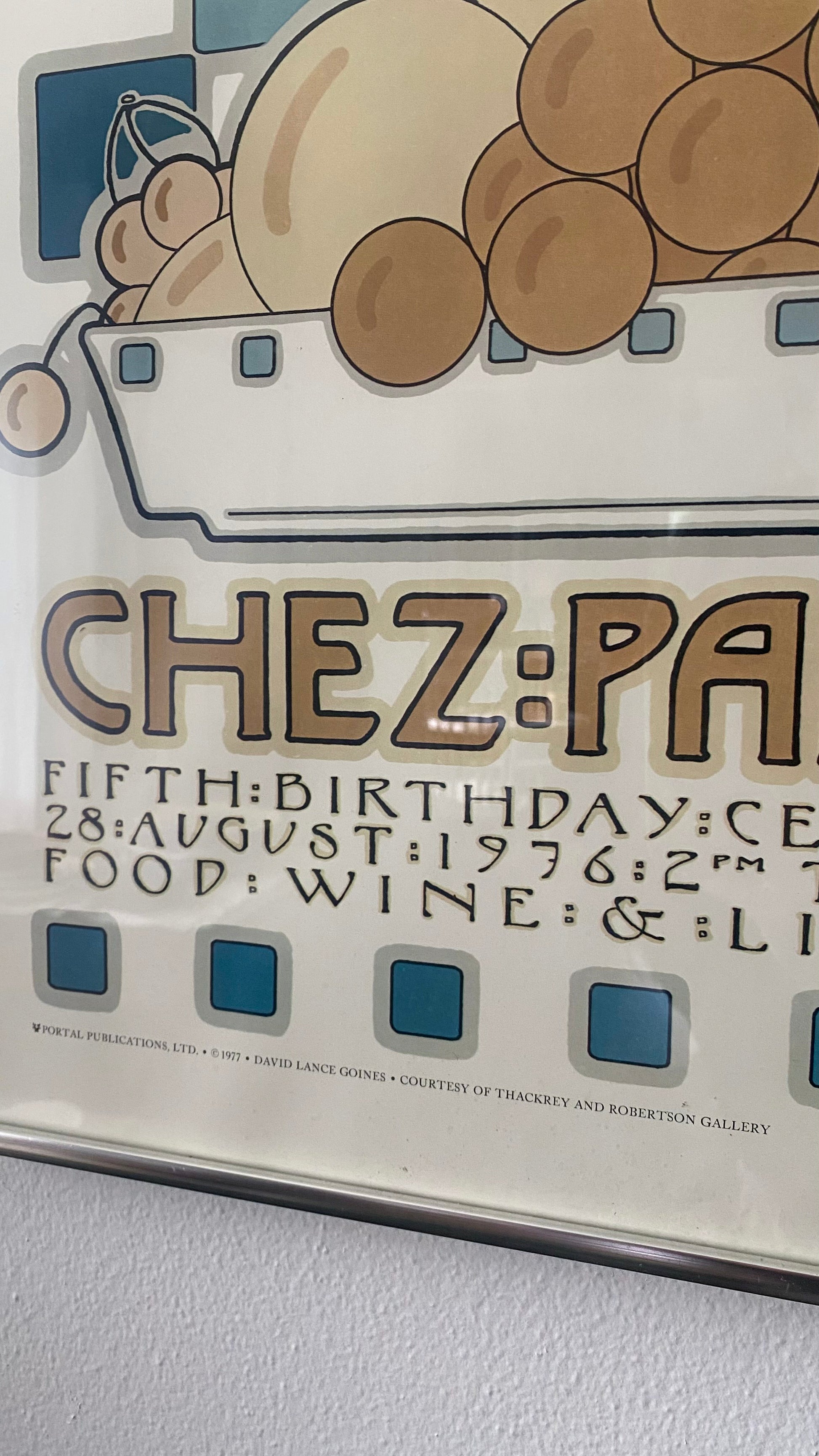1976 Chez Panisse 5th Anniversary Poster by David Lance Goines, framed