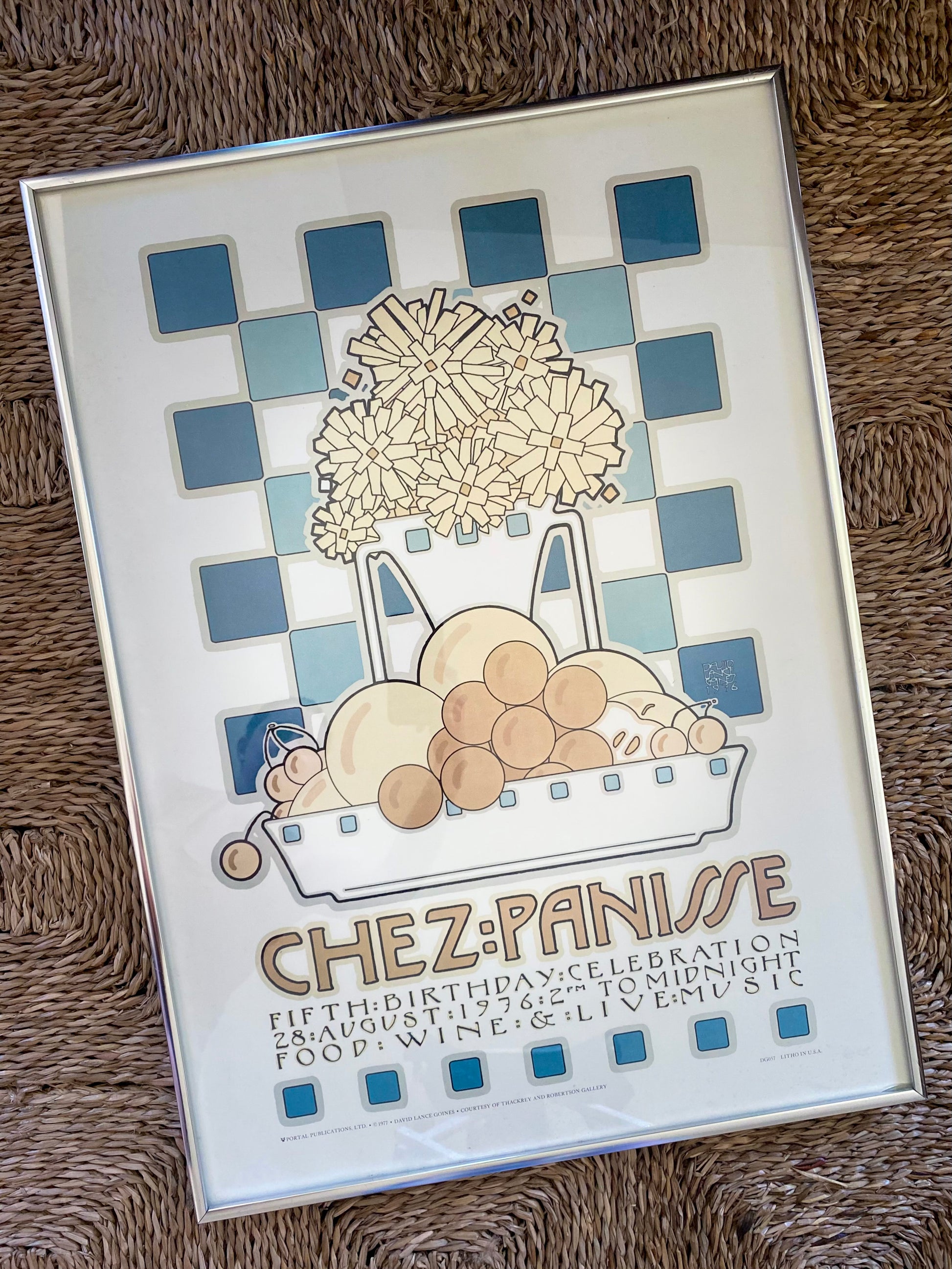 1976 Chez Panisse 5th Anniversary Poster by David Lance Goines, framed