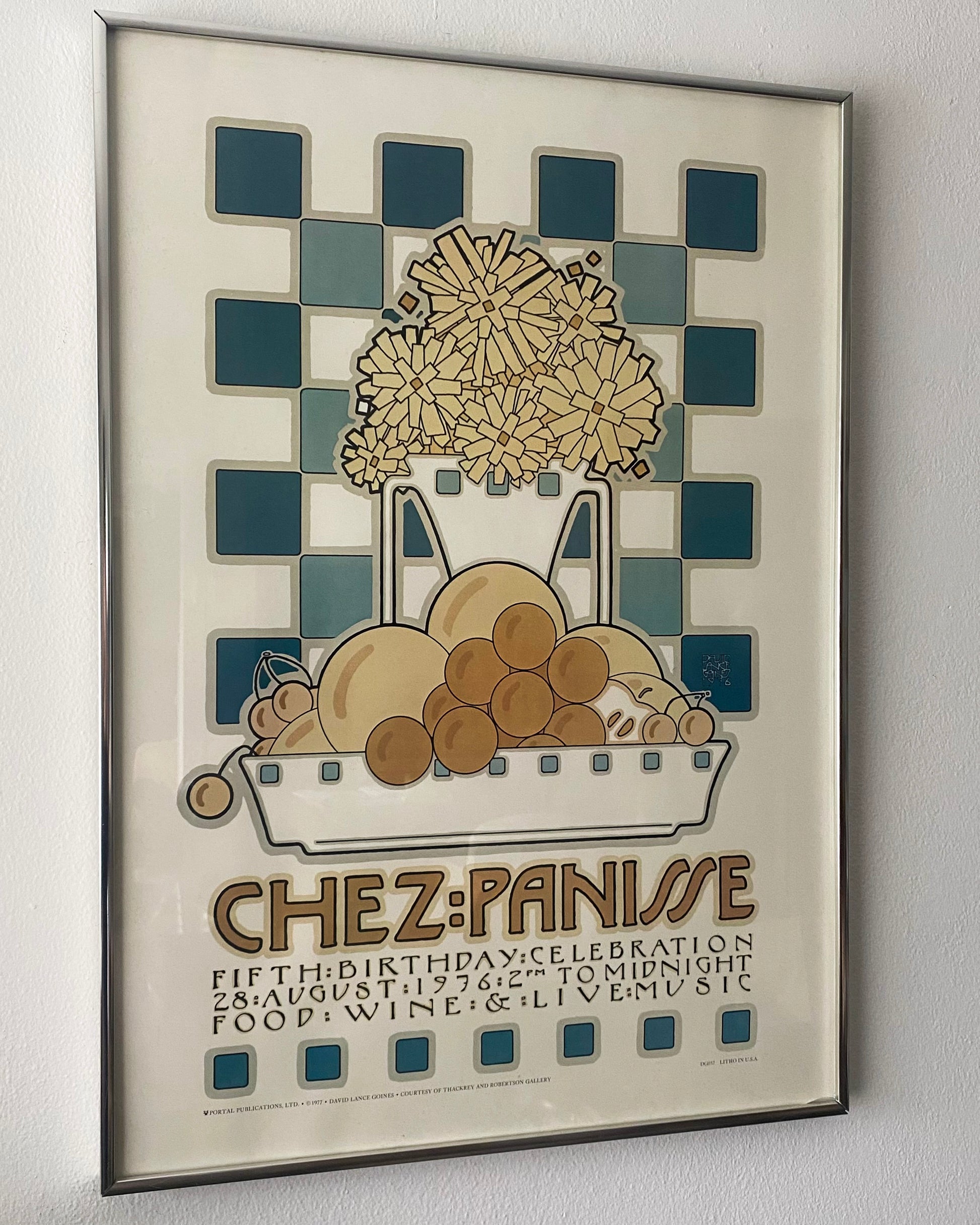 1976 Chez Panisse 5th Anniversary Poster by David Lance Goines, framed