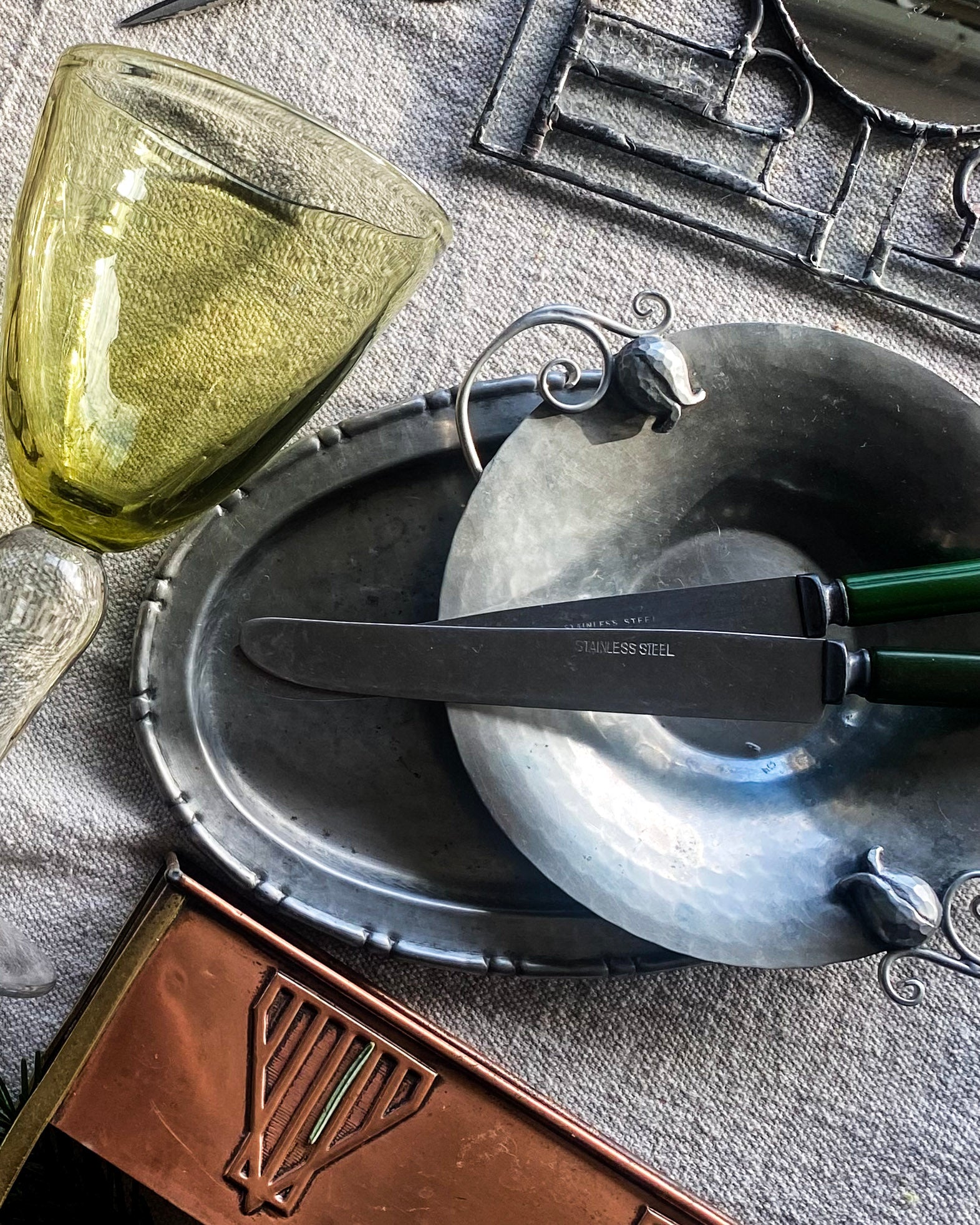 1930s Art Deco Serge Nekrasoff Pewter Dish with Tulip Handles