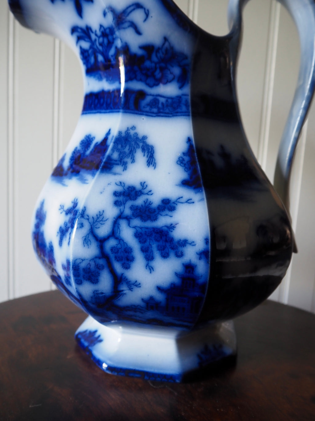 Antique Wedgwood Ironstone Flow Blue Pitcher, c. 1850