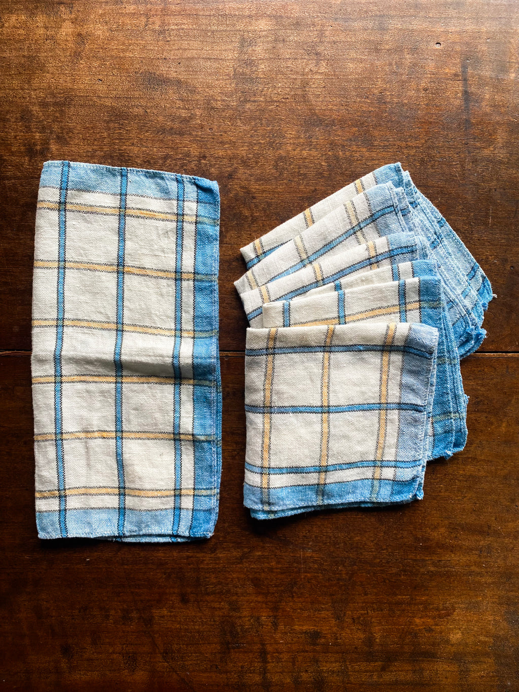 Vintage Blue and Yellow Check Napkins, set of six