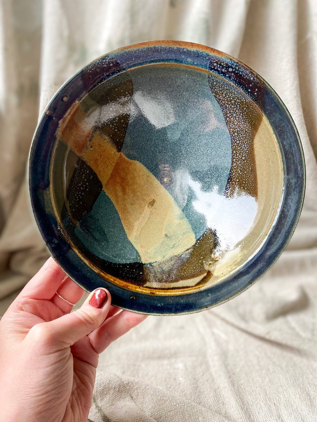 Olive and Teal Studio Pottery Bowl with Rim