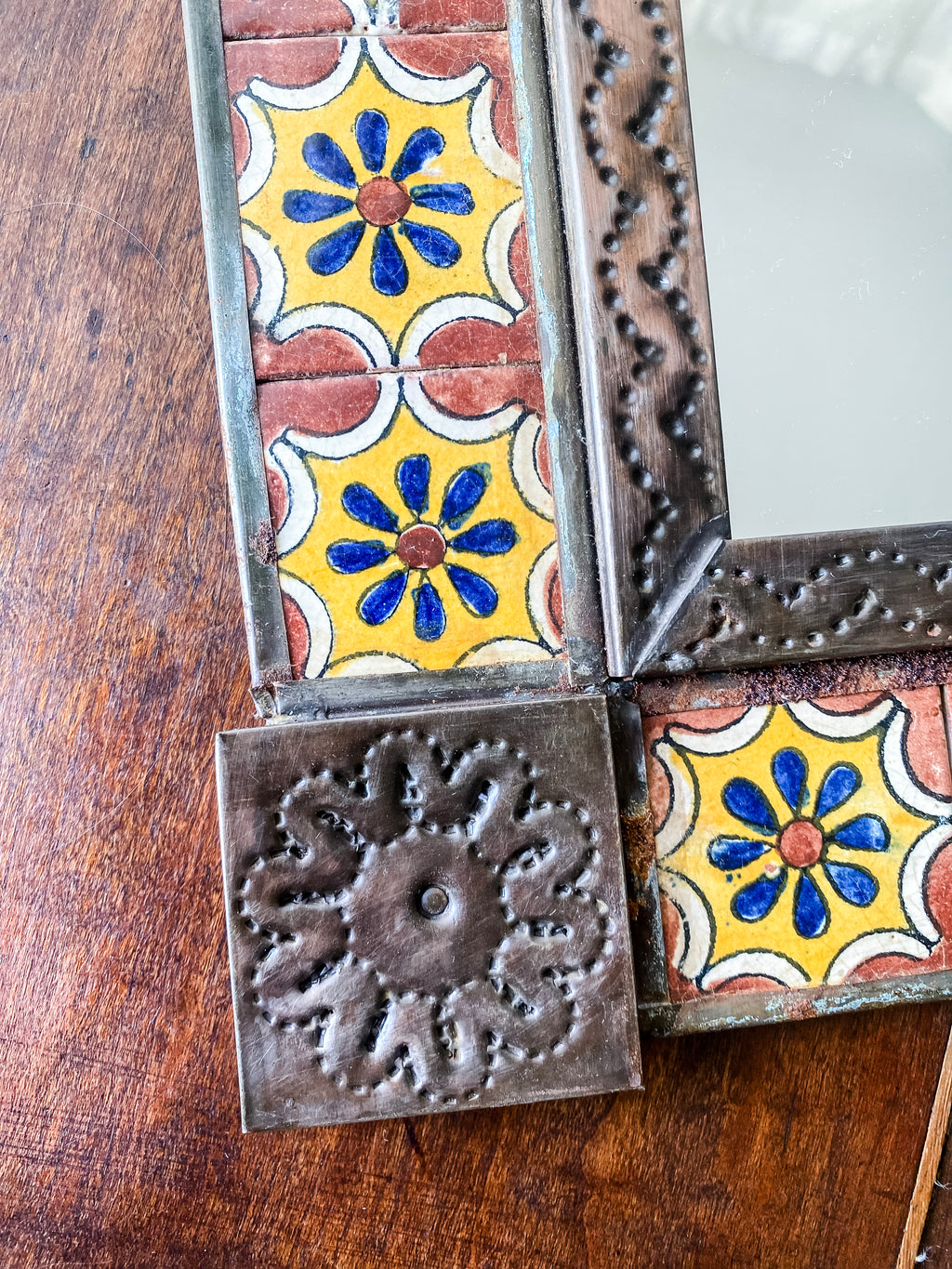 Mexican Talavera Tile and Punched Tin Mirror