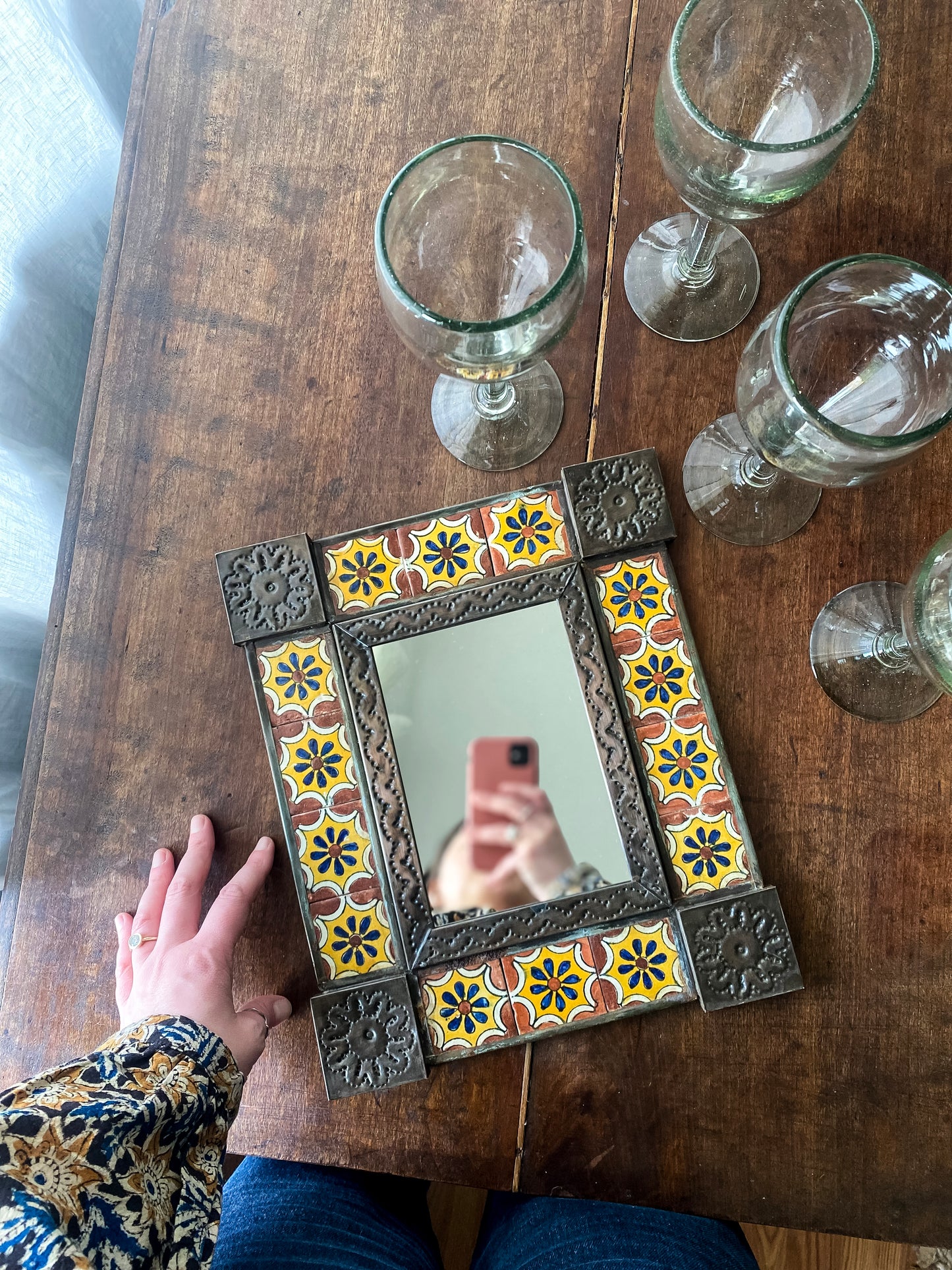 Mexican Talavera Tile and Punched Tin Mirror