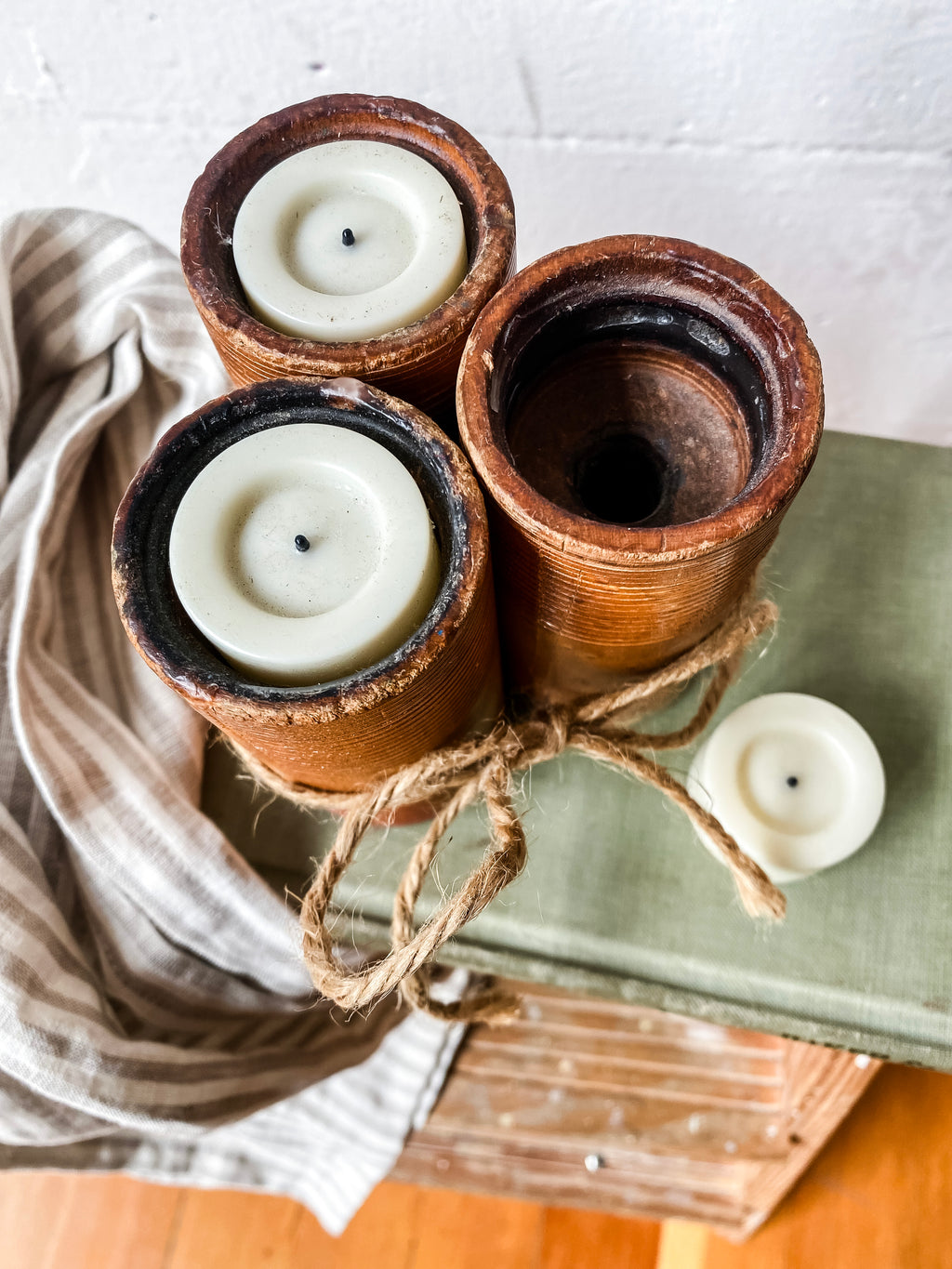 Trio of Rustic Wood Candle Holders