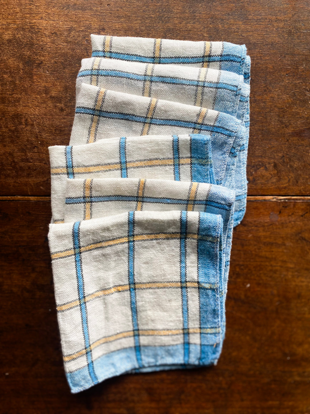 Vintage Blue and Yellow Check Napkins, set of six