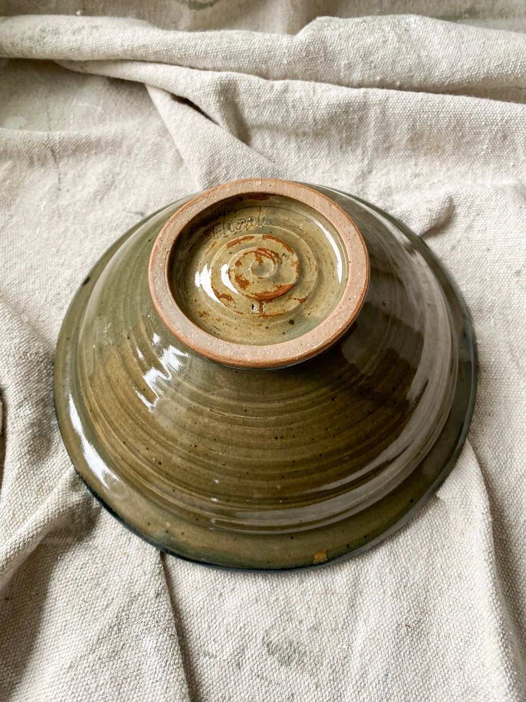 Olive and Teal Studio Pottery Bowl with Rim