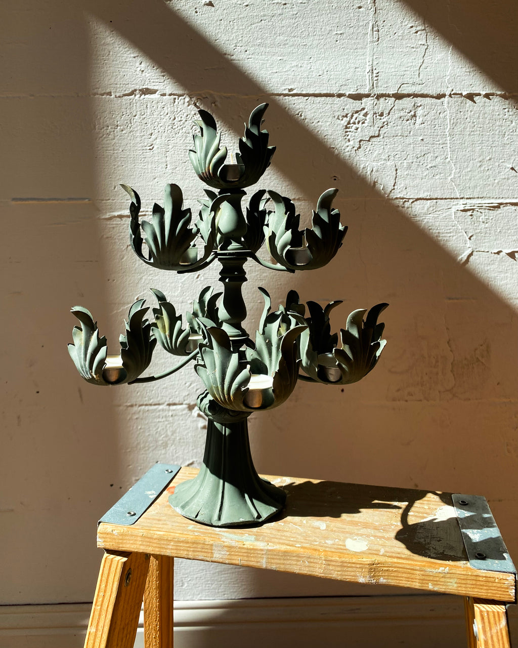Painted Green Metal Candelabra