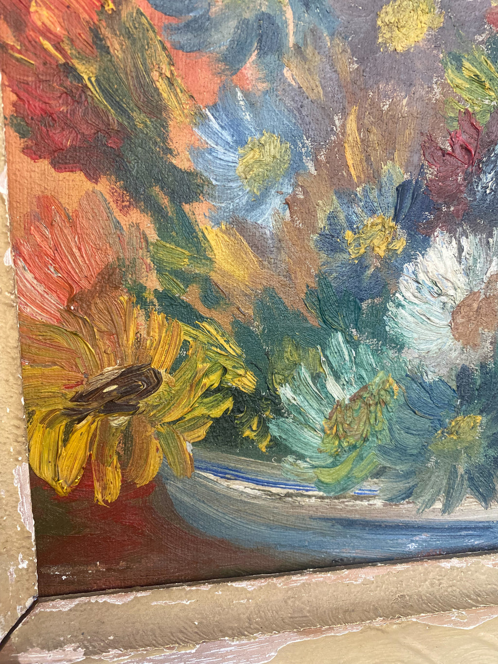 Vintage Flower Painting, Oil on Canvas, Framed