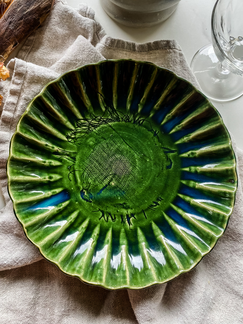 Scalloped Handmade Dish with Oribe Green Glaze