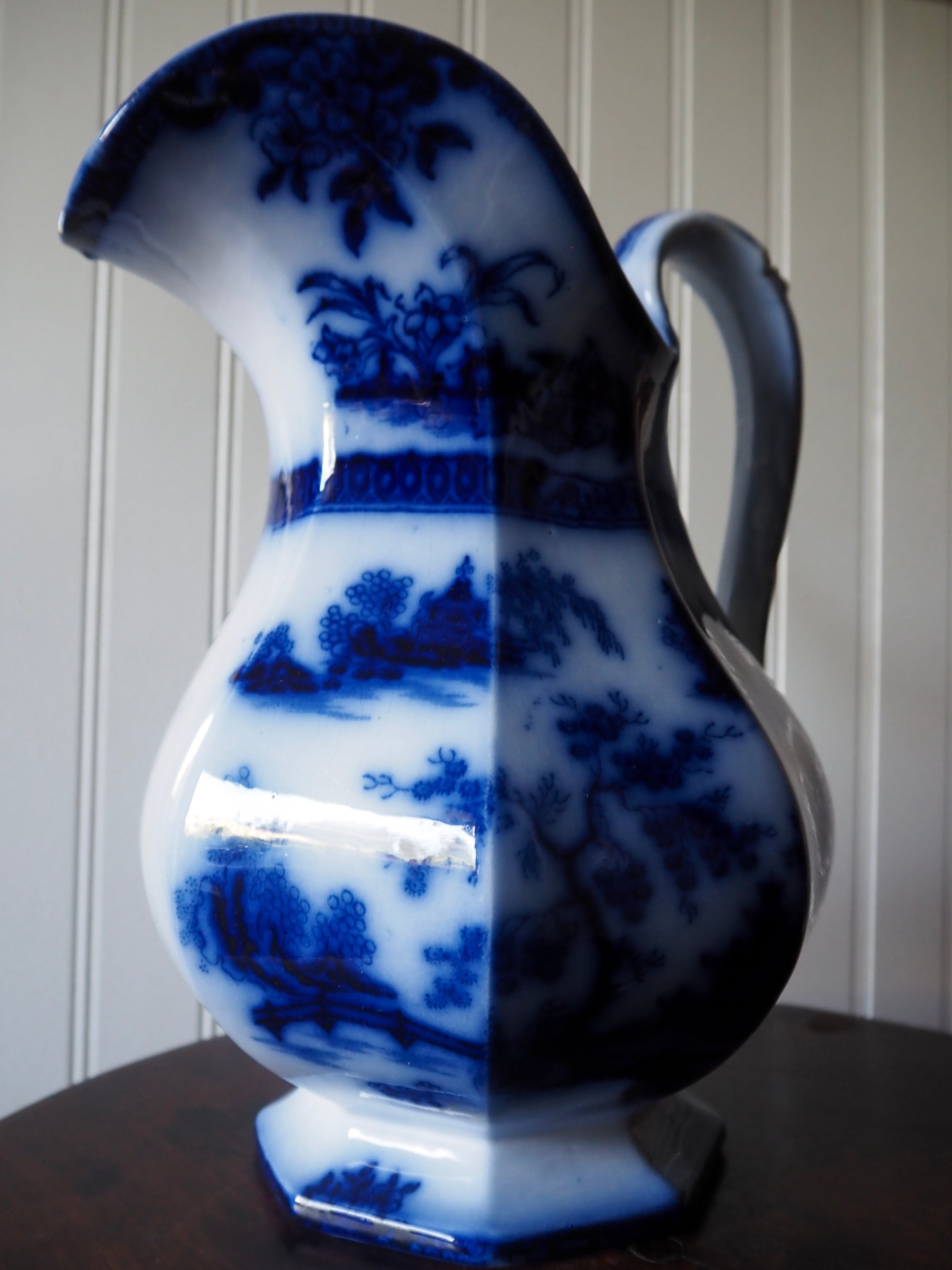 Antique Wedgwood Ironstone Flow Blue Pitcher, c. 1850