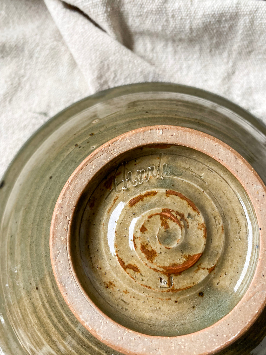 Olive and Teal Studio Pottery Bowl with Rim
