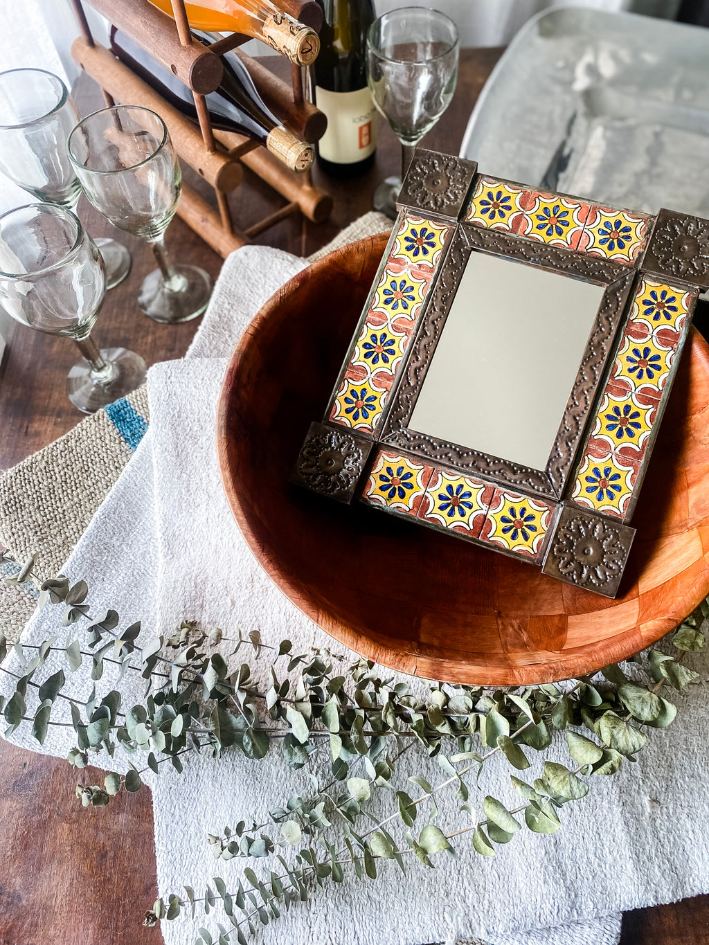 Mexican Talavera Tile and Punched Tin Mirror