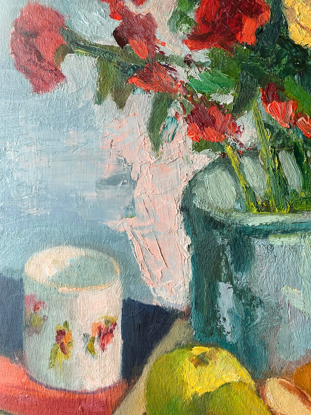 Vintage Still Life Painting with Flowers and Fruit