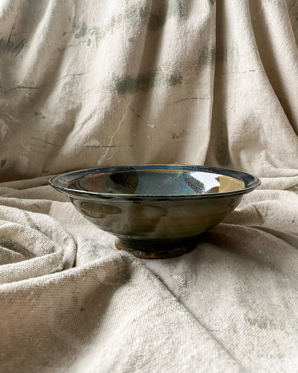 Olive and Teal Studio Pottery Bowl with Rim