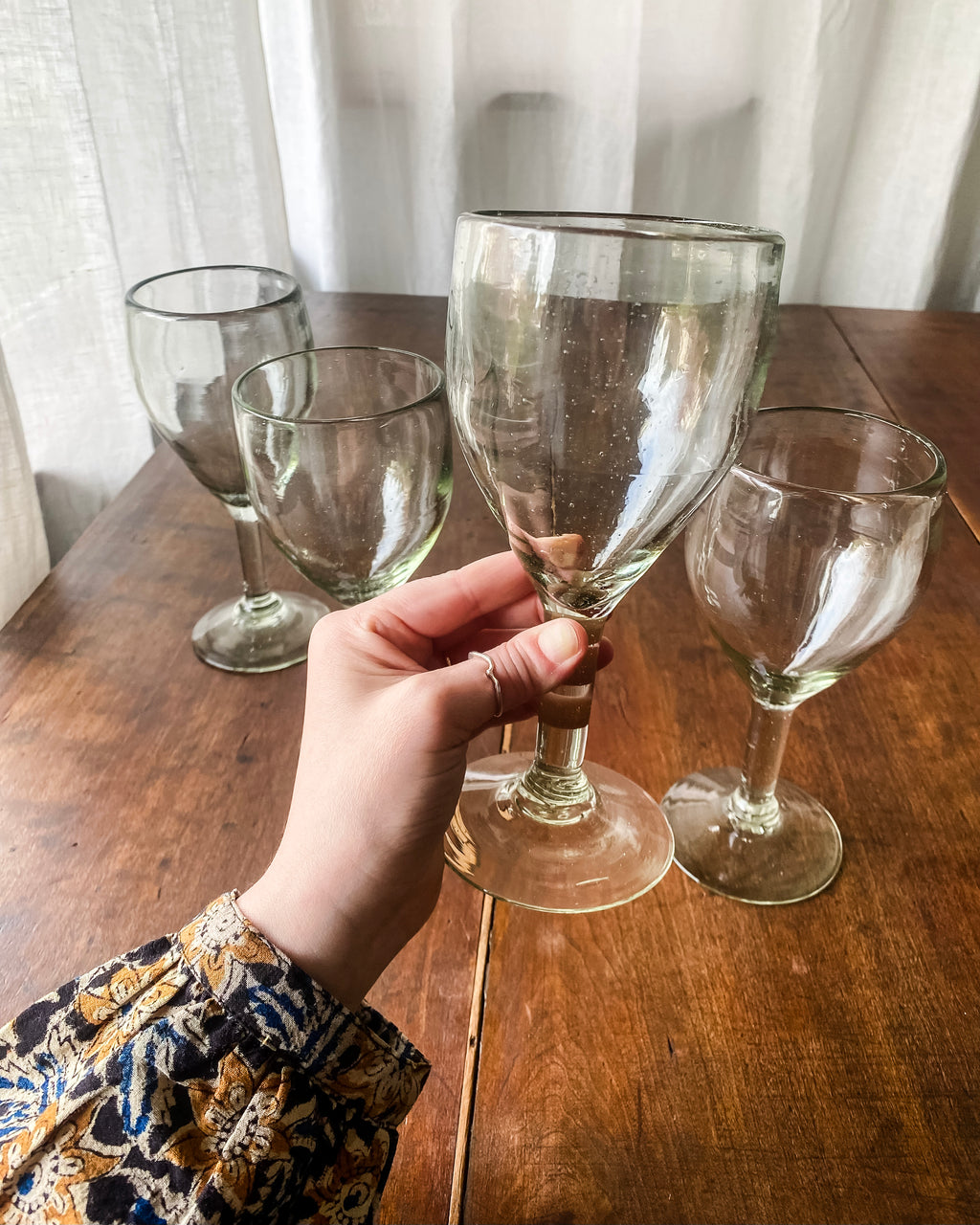 Handblown Recycled Glass Wine Goblets, set of four