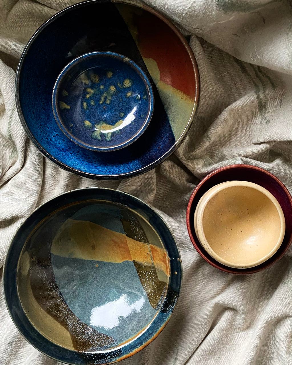 Olive and Teal Studio Pottery Bowl with Rim