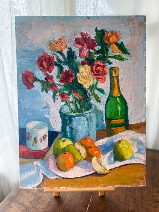 Vintage Still Life Painting with Flowers and Fruit