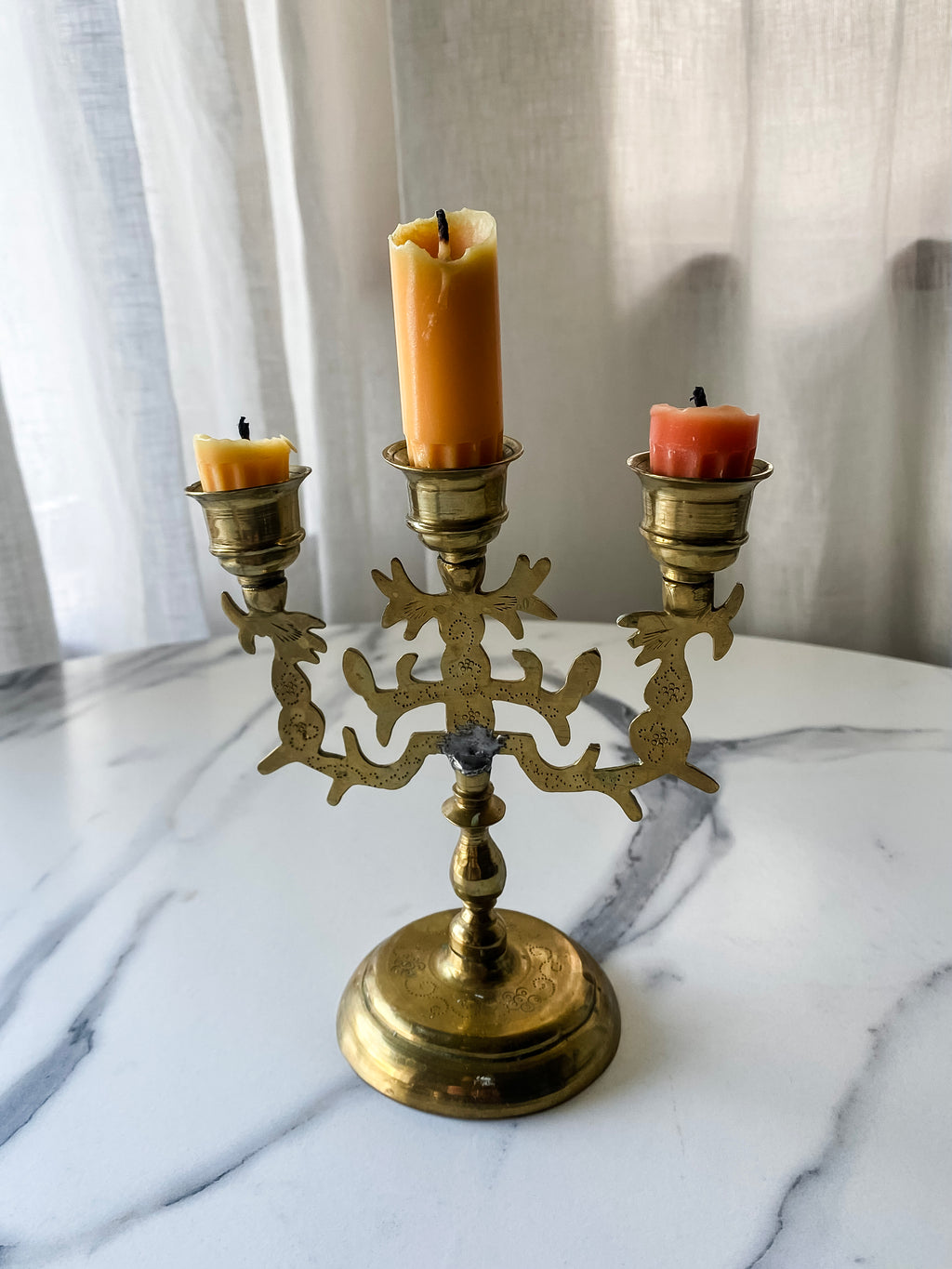 Triple-Arm Etched Brass Candlestick