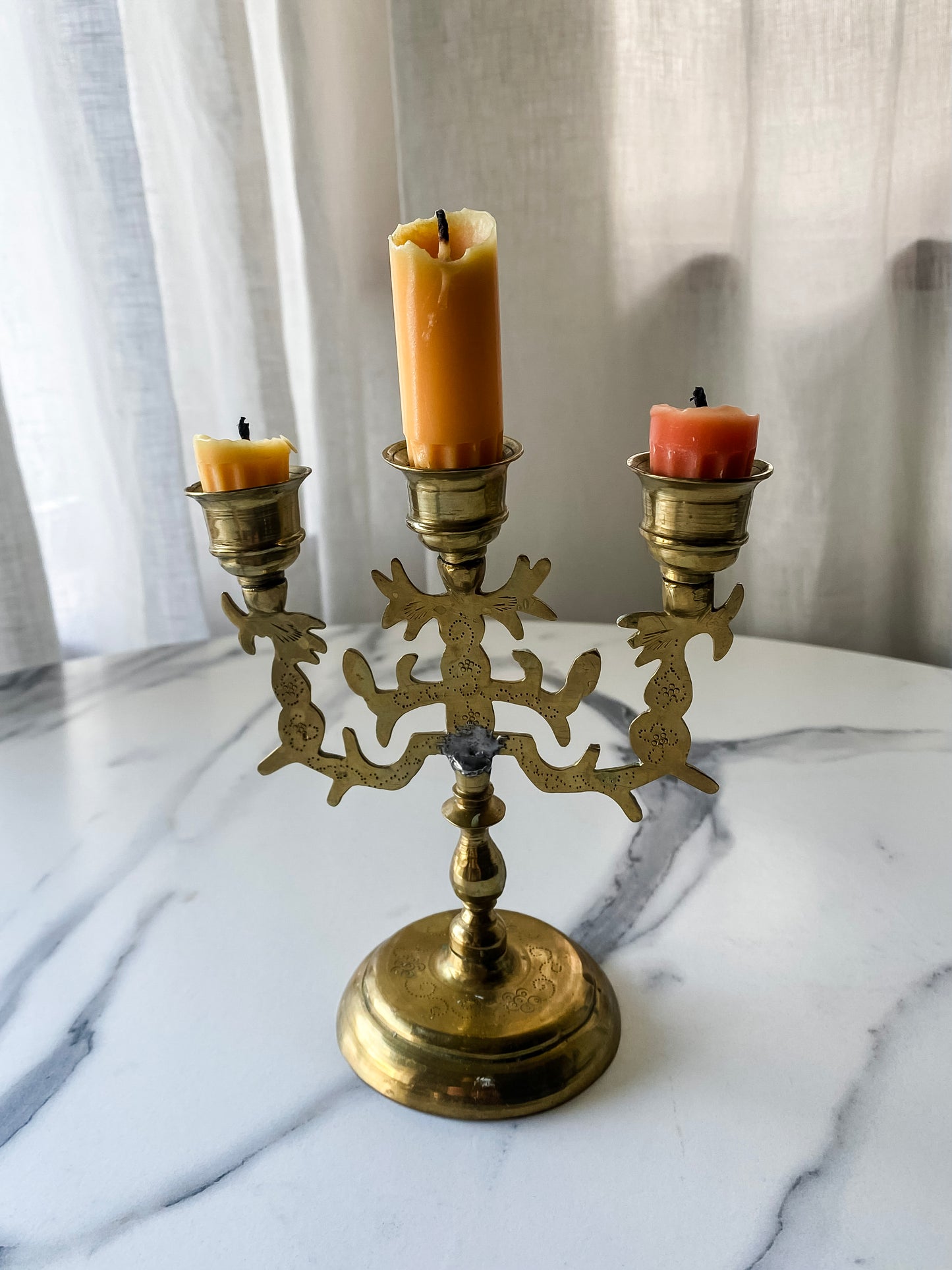 Triple-Arm Etched Brass Candlestick