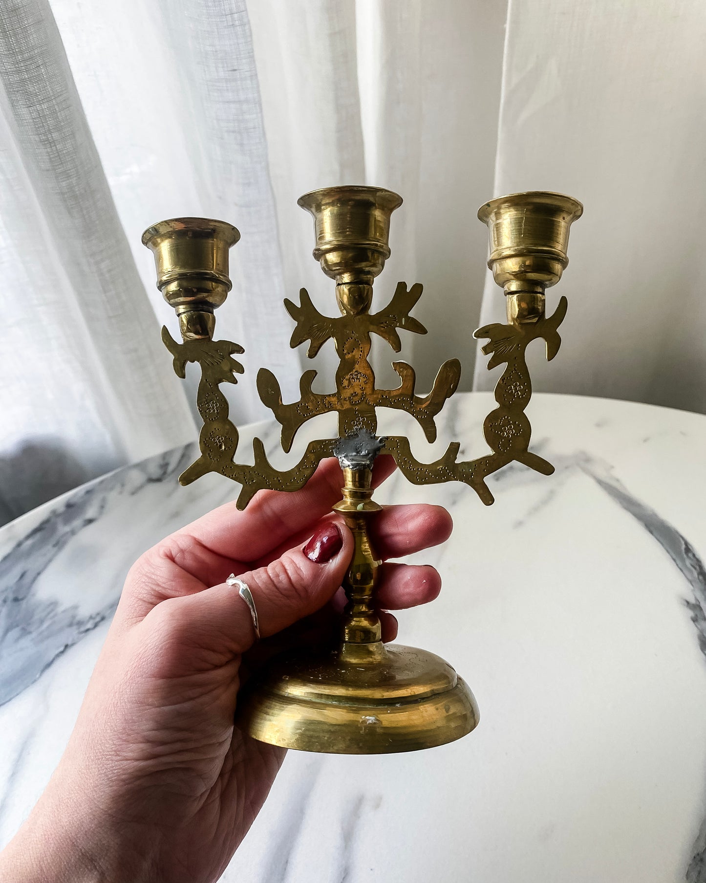 Triple-Arm Etched Brass Candlestick