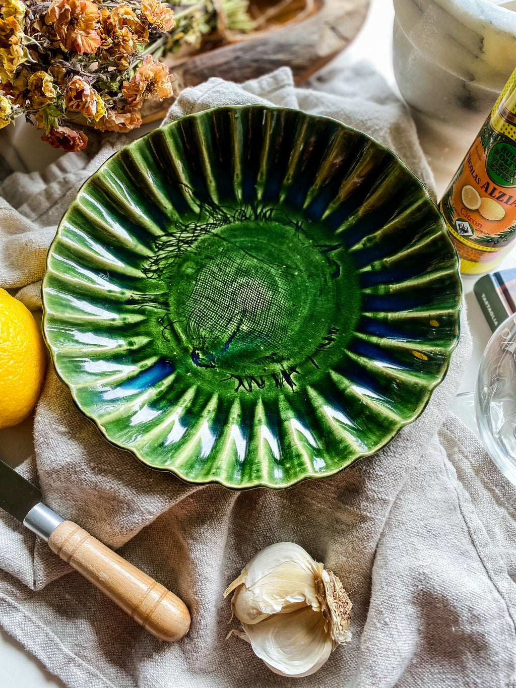Scalloped Handmade Dish with Oribe Green Glaze