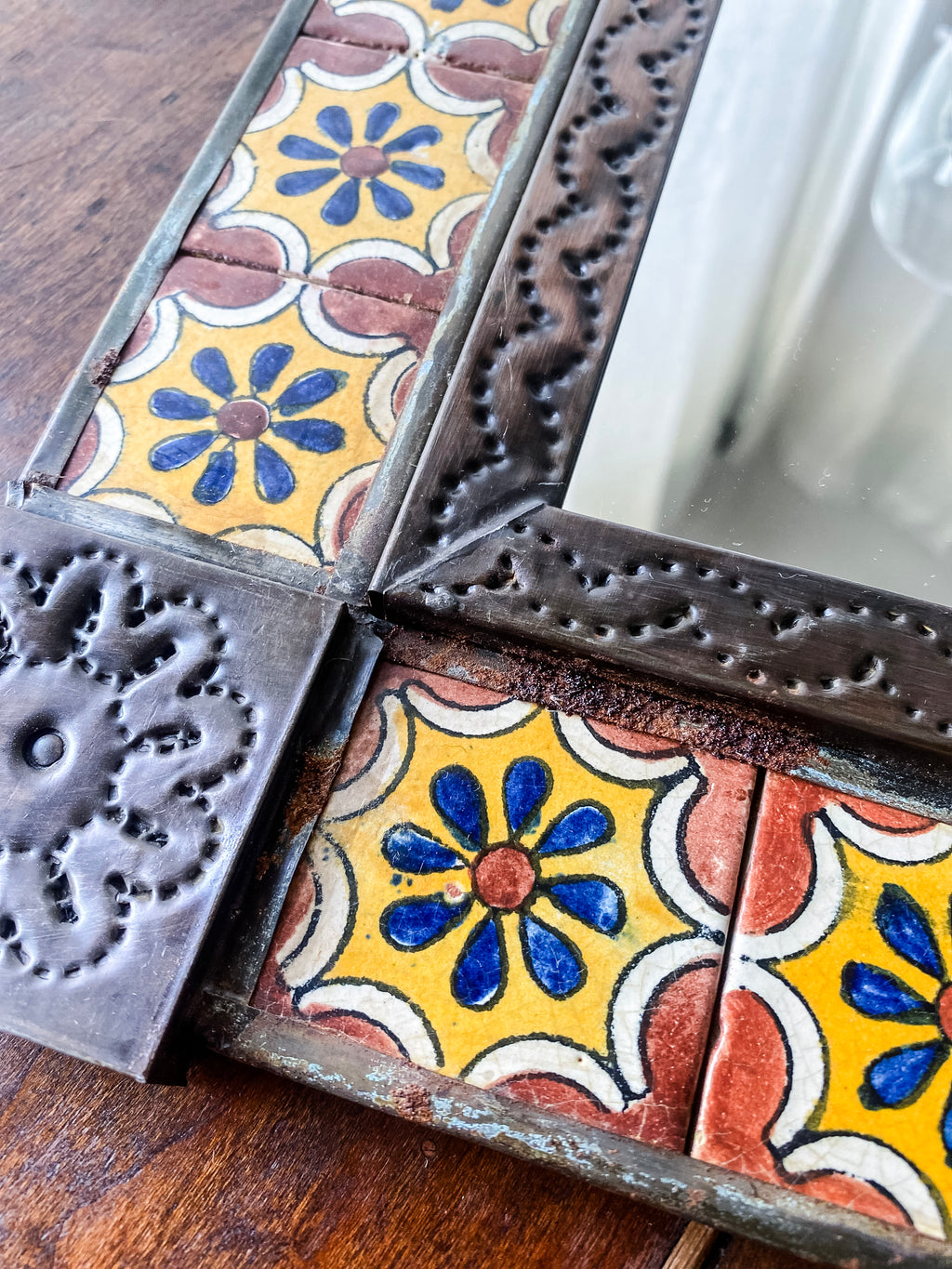 Mexican Talavera Tile and Punched Tin Mirror