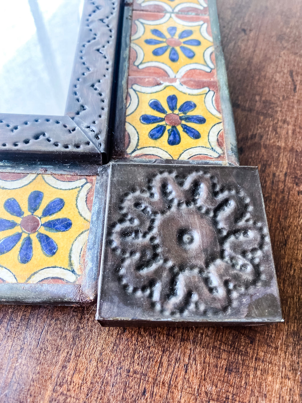 Mexican Talavera Tile and Punched Tin Mirror