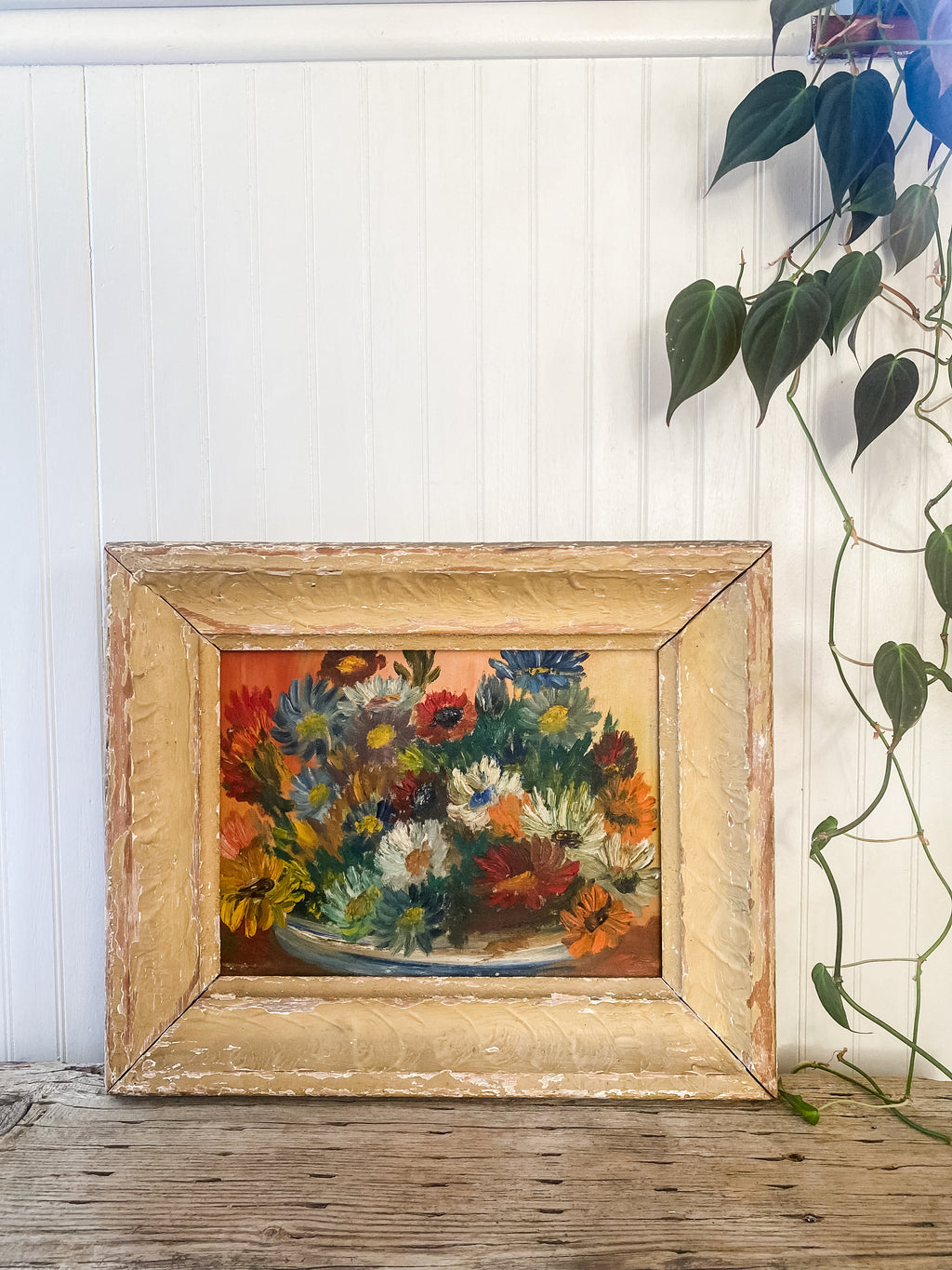 Vintage Flower Painting, Oil on Canvas, Framed