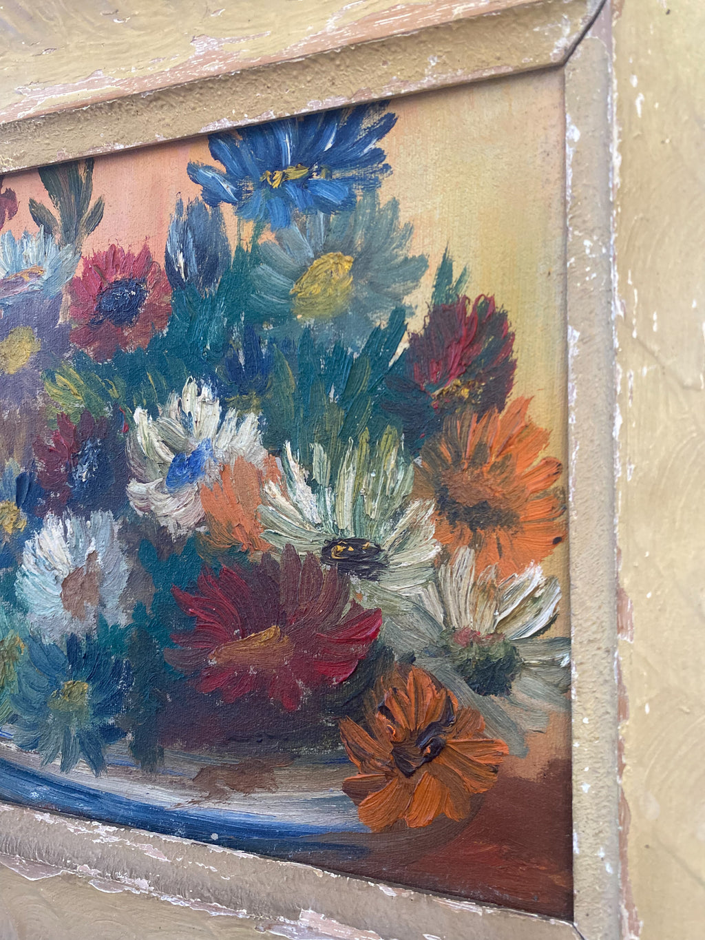 Vintage Flower Painting, Oil on Canvas, Framed