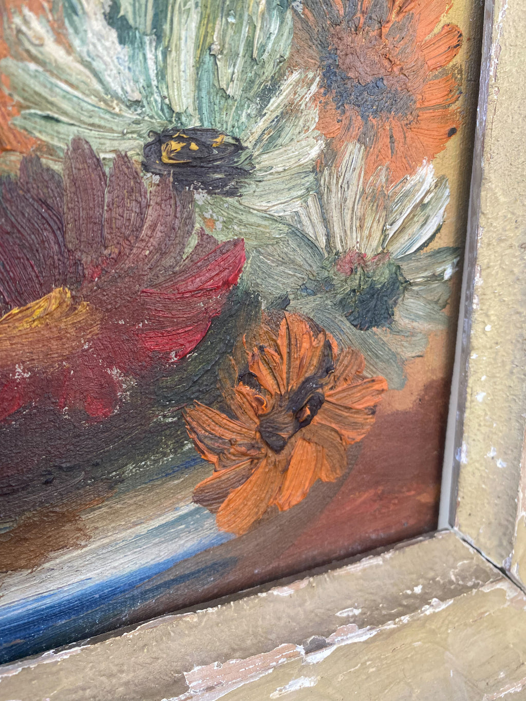 Vintage Flower Painting, Oil on Canvas, Framed