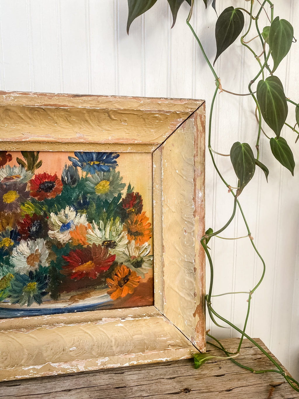 Vintage Flower Painting, Oil on Canvas, Framed