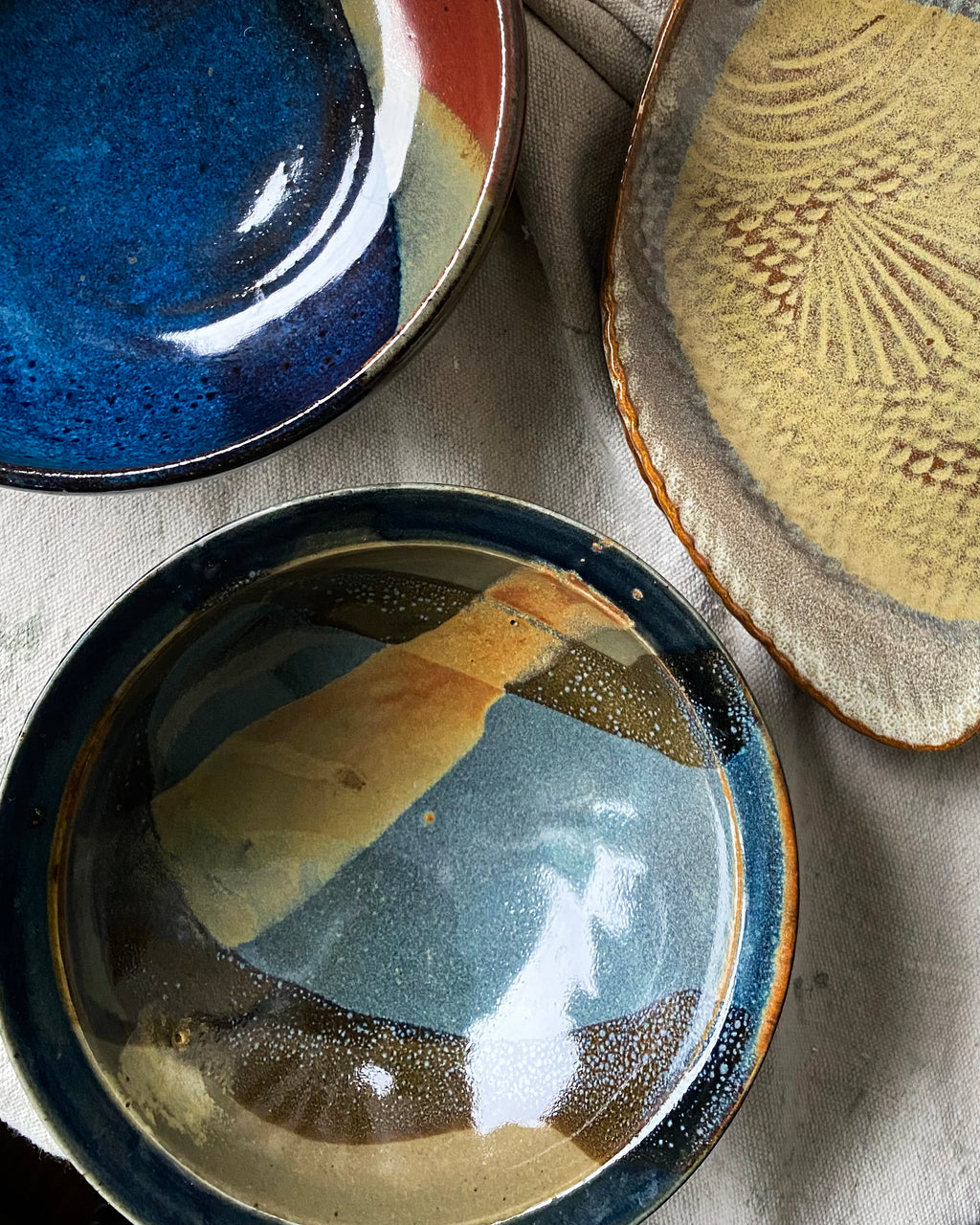 Olive and Teal Studio Pottery Bowl with Rim