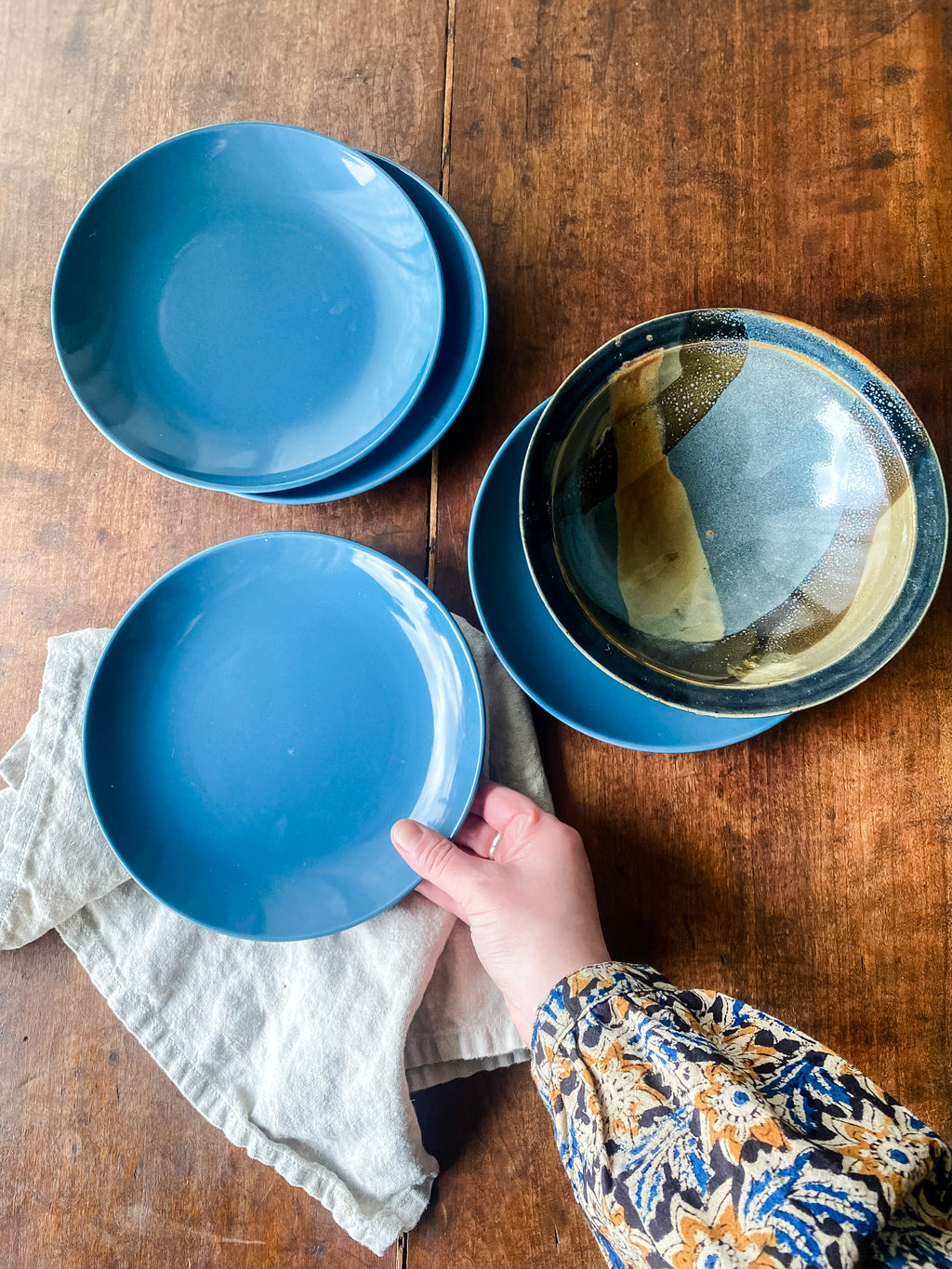 Olive and Teal Studio Pottery Bowl with Rim